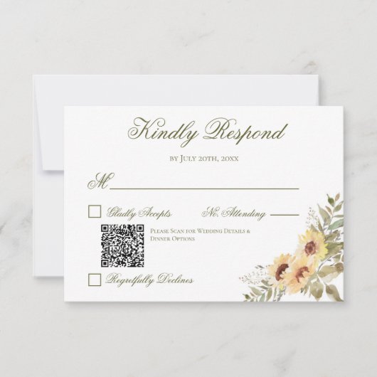 Zachte Zonnebloemen Huwelijk QR Code RSVP Kaartje (Voorkant)