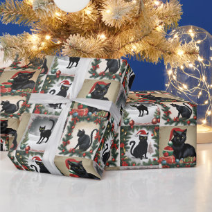 Zachte Zwarte Katten Kerst Collage voor Kattenlief Cadeaupapier