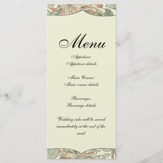 Zachtegroene vintage William Morris kamperfoelie Menu (Voorkant)