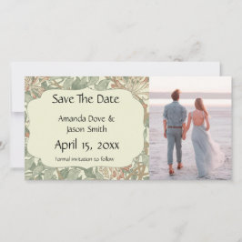 Zachtegroene vintage William Morris kamperfoelie Save The Date