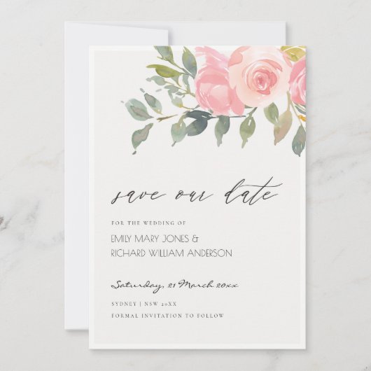 Zachteroute Roze Waterverf Bloem Save the Date Kaa Bedankkaart (Voorkant)