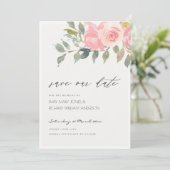 Zachteroute Roze Waterverf Bloem Save the Date Kaa Bedankkaart (Staand voorkant)