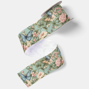 Zachtste roze blauwe bloemen & vlinder lint