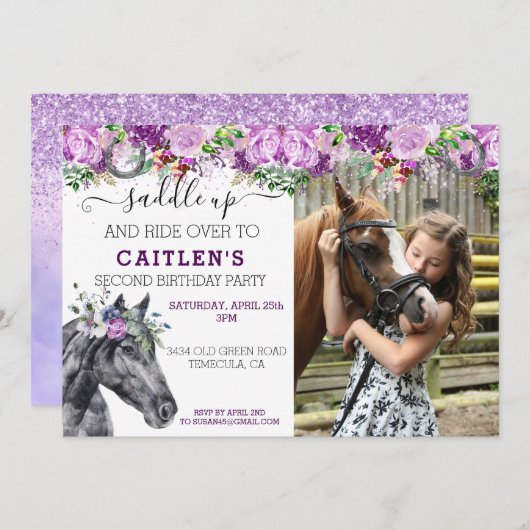 Zaddle up Horse Lover Floral Paars  Glitter Kaart (Voorkant / Achterkant)