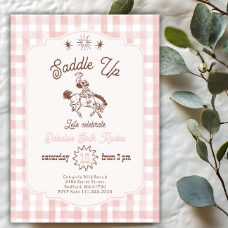 Zadel Op Rodeo Cowgirl Roze Gingham Verjaardag  Kaart