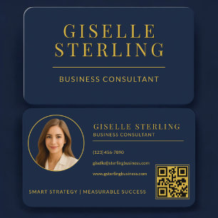 Zakelijk adviseur Navy Blue Goud Foto QR Code Visitekaartje