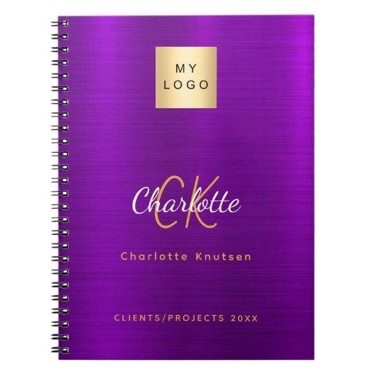 Zakelijk logo paars gouden monogram glamour notitieboek (Voorkant)