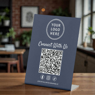 Zakelijk Logo QR Code Blauwe Tafelstandaard Reclamebord Met Voetstuk