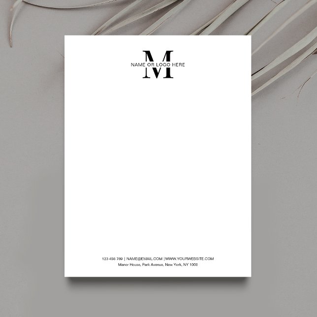 Zakelijk Monogram of Logo Minimalist Zwart-wit Briefhoofd (Simple, yet elegant, business letterhead design with space for your monogram and contact details)