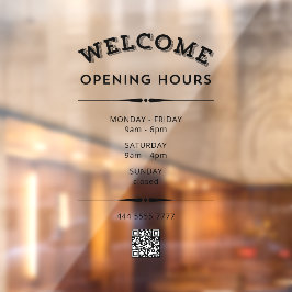 Zakelijk Welkom Openingstijden met QR Code Zwart Raamsticker