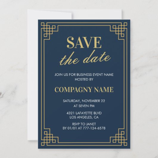 Zakelijke feestuitnodiging Save the date Navy Kaart (Voorkant)