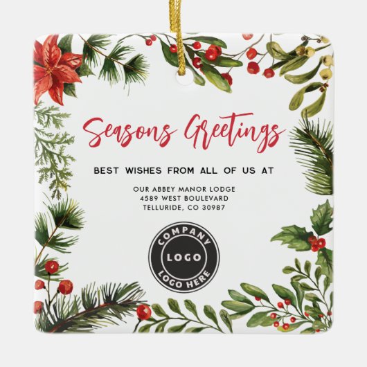 Zakelijke Logo Kerst Feestdagen Botanisch Keramisch Ornament (Voorkant)