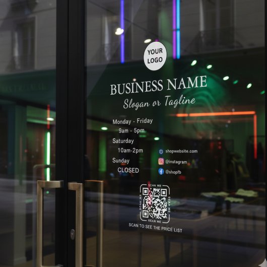 Zakelijke openingsuren Modern script & QR, social Raamsticker