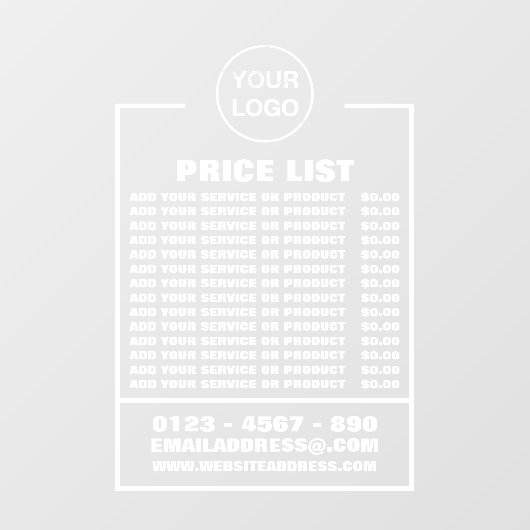 Zakelijke prijslijst, informatie en logo raamsticker (Vel)