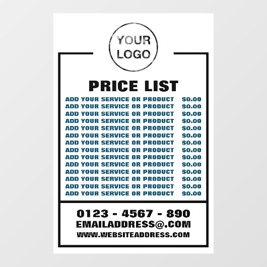 Zakelijke prijslijst, informatie en logo raamsticker (Vel)