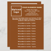 Zakelijke producten en prijzen op een bruine menuk menu (Voorkant / Achterkant)