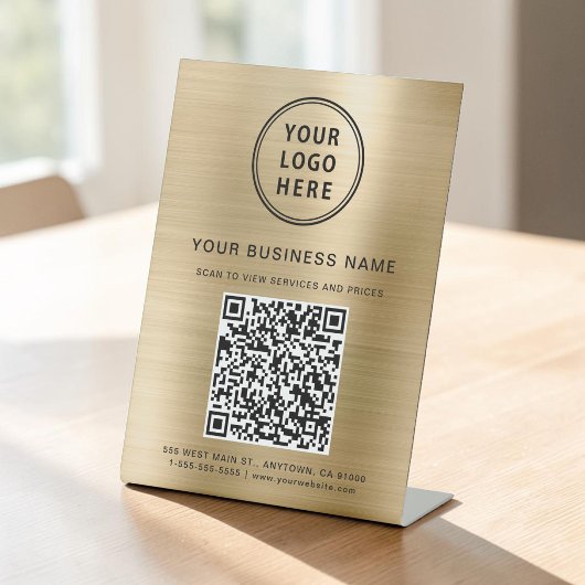 Zakelijke QR-code en logo Metaalachtig goud Reclamebord Met Voetstuk