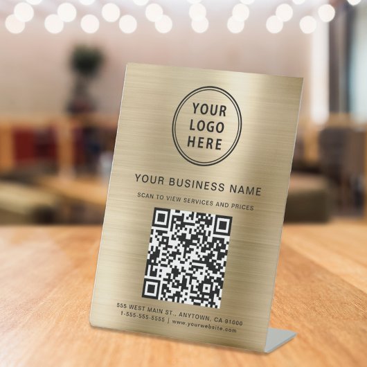 Zakelijke QR-code en logo Metaalachtig goud Reclamebord Met Voetstuk