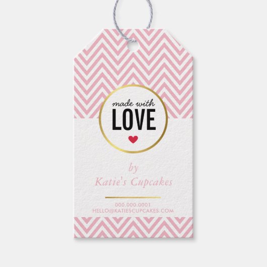 ZAKELIJKE VERPAKKING gemaakt met liefde roze chevr Cadeaulabel (Voorkant)