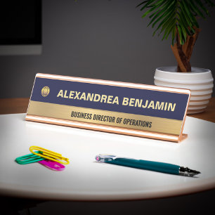 Zakelijke Werknemer Logo Goud Blauw Modern Aangepa Bureau Naambordje