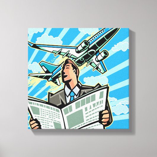 Zakenman met kranten en vliegtuigen boven canvas afdruk (Voorkant)