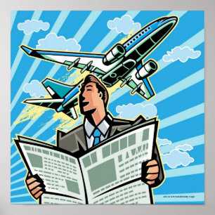 Zakenman met kranten en vliegtuigen boven poster