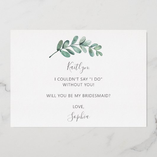 Zal je mijn Bridesmaid Eucalyptus Geometric zijn? Folie Uitnodiging (Achterkant)