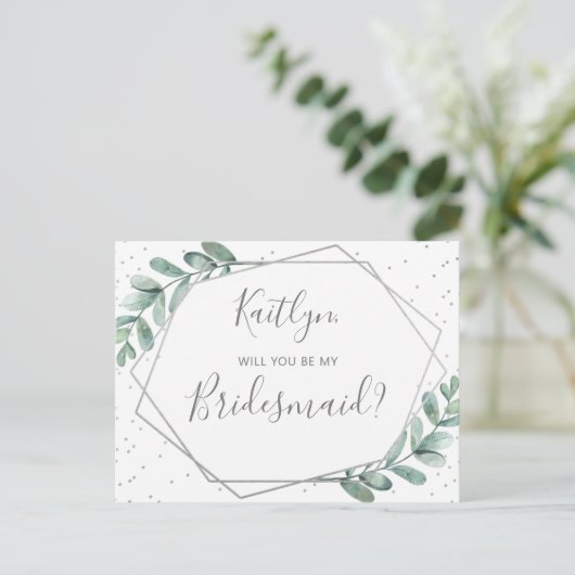 Zal je mijn Bridesmaid Eucalyptus Geometric zijn? Uitnodiging Briefkaart (Staand voorkant)