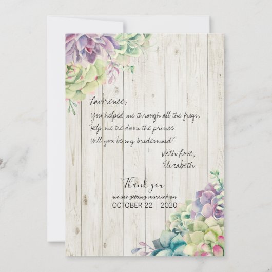 Zal je mijn bruidsmeisje zijn? Succulent Rustisch Kaart (Achterkant)
