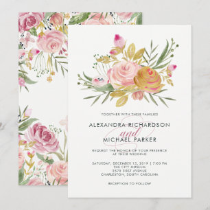 zalig Blush Pink en Faux Gold Floral Wedding Kaart