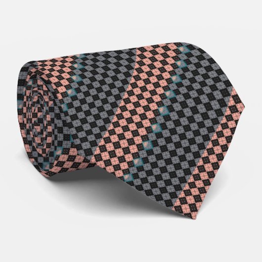 Zalm en Grijze Diagonaal Mini Argyle Diamond Tile Stropdas (Opgerold)