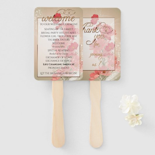 Zalm en rode bloemen/goudsiermeel handwaaier (Voorkant en achterkant)