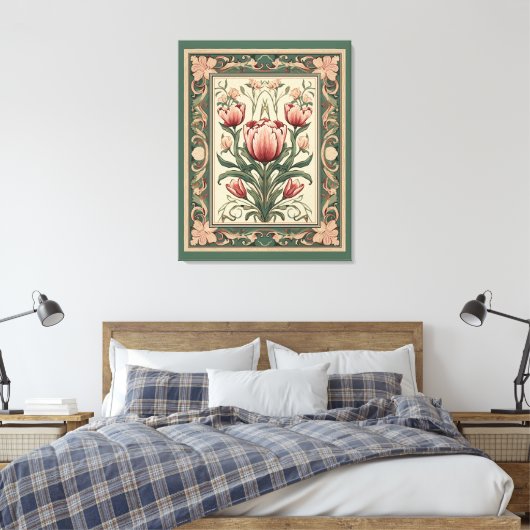 Zalm Kleur Bloemen Smaragd Middeleeuwse Ornamenten Canvas Afdruk (Insitu (Slaapkamer))