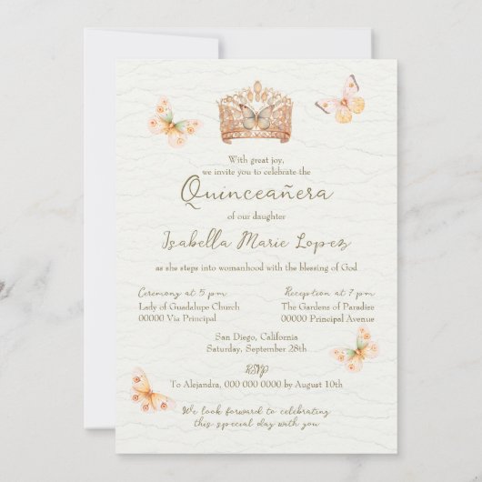 Zalm Roze Jurk Vlinders Elegant Quinceañera Kaart (Achterkant)