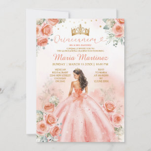 Zalm Roze Perzik Prinses Floral Goud Quinceañera Kaart