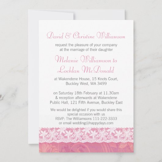 Zalm roze wit kant formele bruiloft uitnodiging (Achterkant)