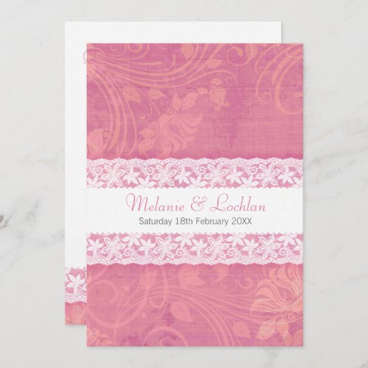 Zalm roze wit kant formele bruiloft uitnodiging (Voorkant / Achterkant)