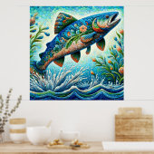 Zalm Springen Mozaïek Bloemen Blauw Groen Perzik Poster (Keuken)