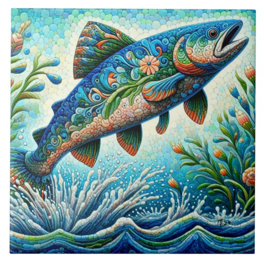 Zalm Springen Mozaïek Bloemen Blauw Groen Perzik Tegeltje (Voorkant)