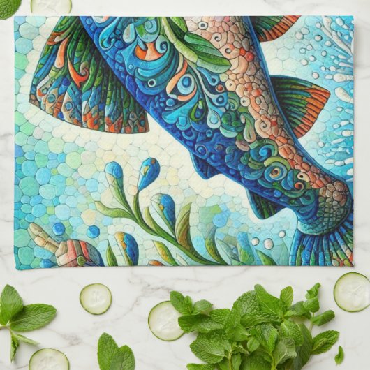 Zalm Springen Mozaïek Bloemen Blauw Groen Perzik Theedoek (Gevouwen)