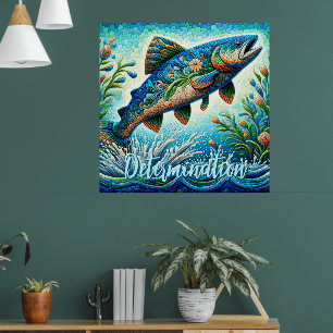 Zalm Springende Mozaïek Bloemig Blauw Persoonlijk Poster