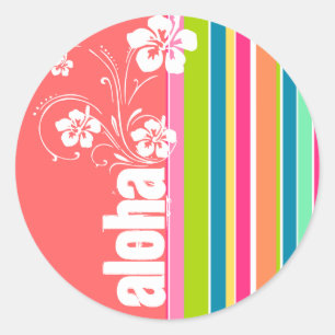 Zalmroze en seafoam Groen gestreept: Aloha Ronde Sticker