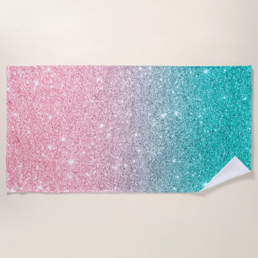 Zalmroze en Turquoise Ombre Faux Glitter Strandlaken (Voorkant)