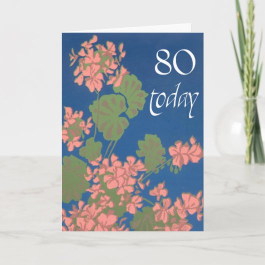 Zalmroze Geraniums op Deep Blue, 80e verjaardag Kaart (Voorkant)