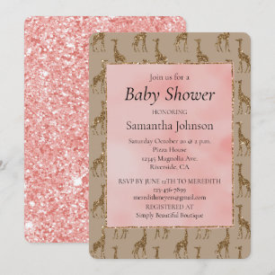 Zalmroze Glitter Bruine Giraffes Baby shower Kaart