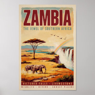 Zambia Landschap Illustratie Reis Kunst Vintage Poster
