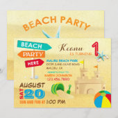 Zand Castle Beach Party Birthday Invitations Kaart (Voorkant / Achterkant)