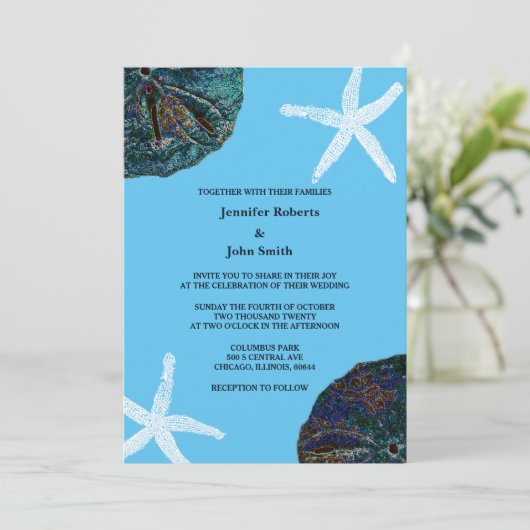 Zand Dollar Sea Shells Abstract Blue Beach Bruilof Kaart (Staand voorkant)