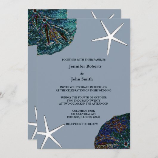 Zand Dollar Seashell Art Dusty Blue Beach Bruiloft Kaart (Voorkant / Achterkant)