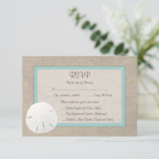 Zand Dollar Strand Bruiloft RSVP Card - Turquoise (Staand voorkant)